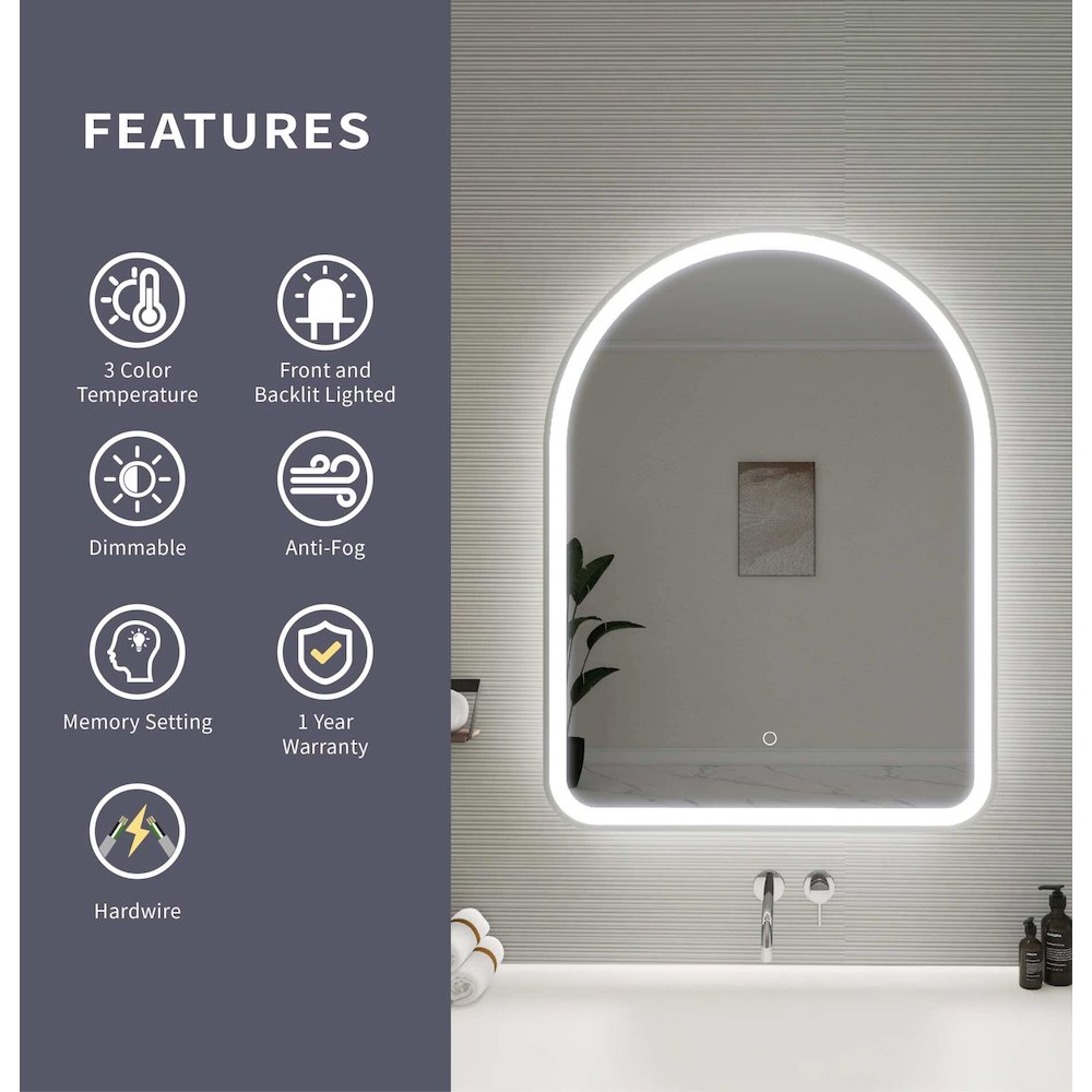 36 Inch Arch LED Front and Backlit Wall Mirror in Silver