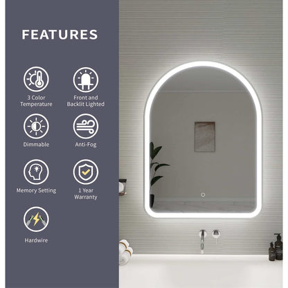 36 Inch Arch LED Front and Backlit Wall Mirror in Silver