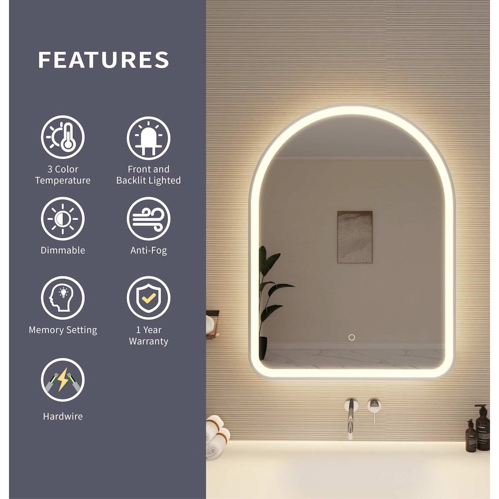 36 Inch Arch LED Front and Backlit Wall Mirror in Silver