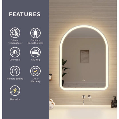 36 Inch Arch LED Front and Backlit Wall Mirror in Silver
