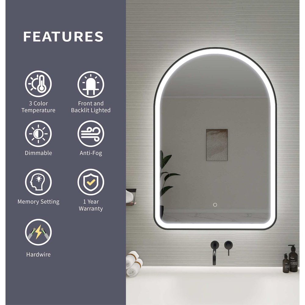 40 Inch Arch LED Front and Backlit Wall Mirror in Black