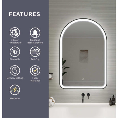 40 Inch Arch LED Front and Backlit Wall Mirror in Black