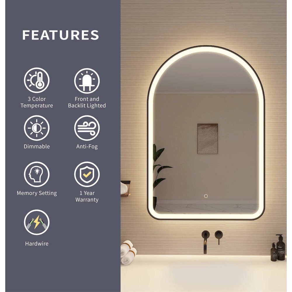 40 Inch Arch LED Front and Backlit Wall Mirror in Black