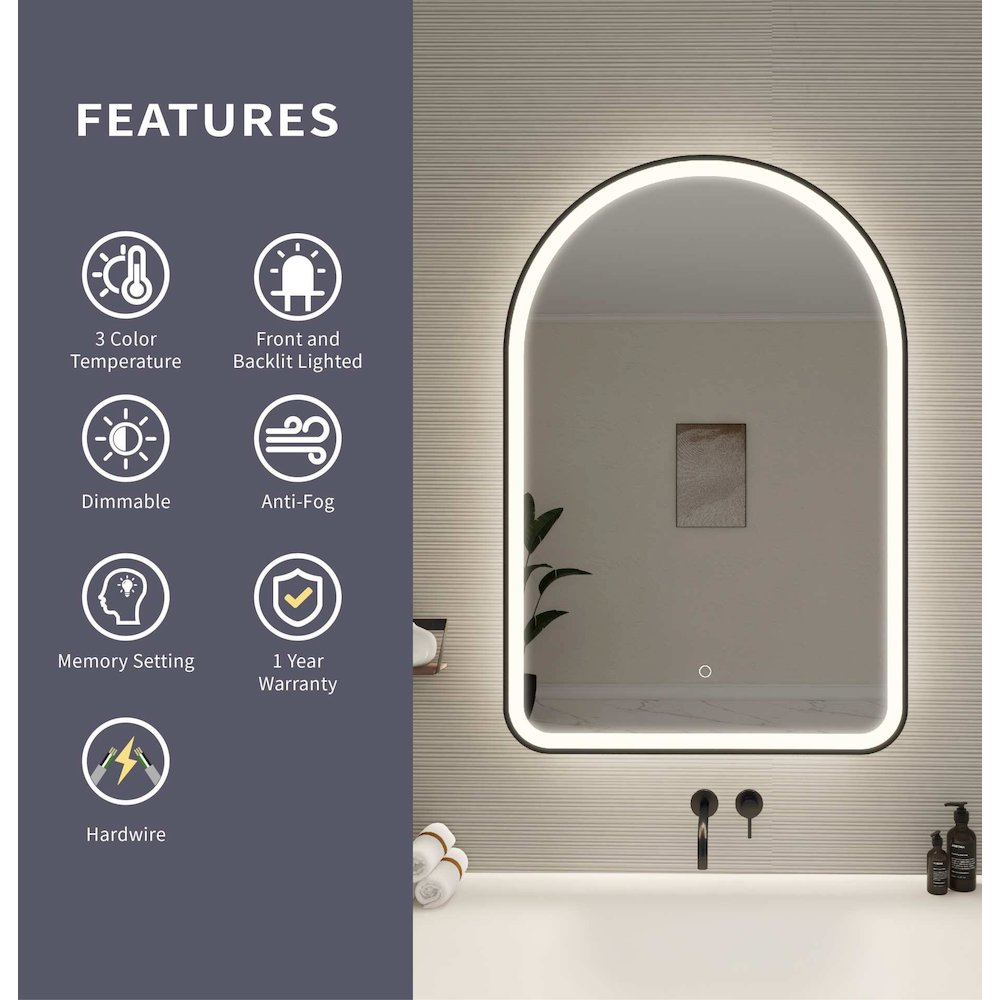 40 Inch Arch LED Front and Backlit Wall Mirror in Black