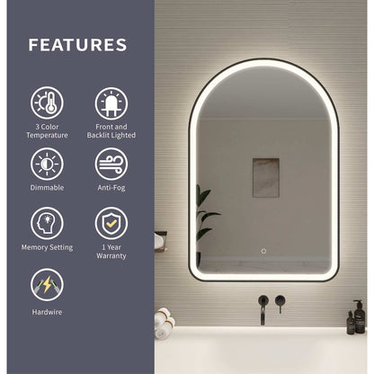 40 Inch Arch LED Front and Backlit Wall Mirror in Black