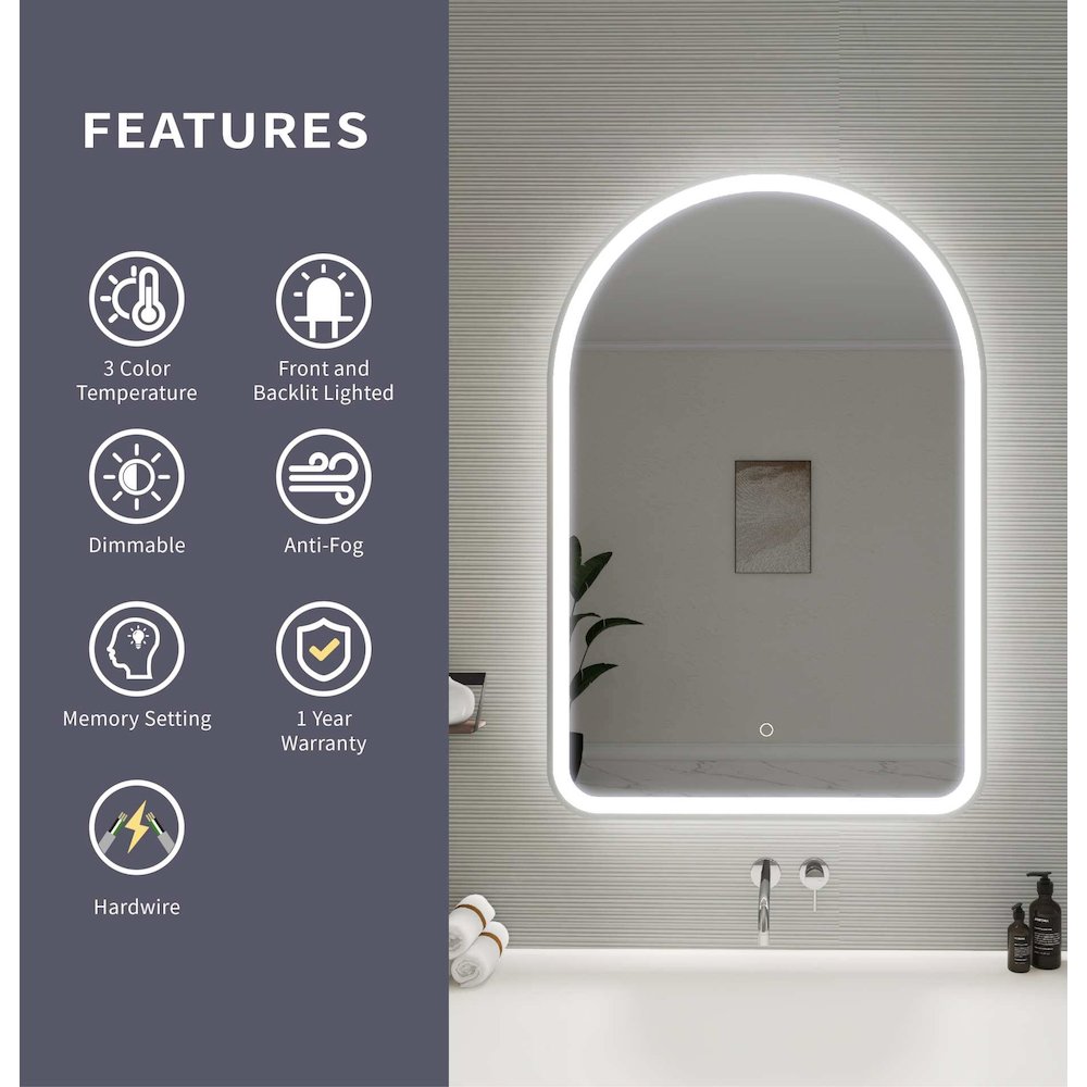40 Inch Arch LED Front and Backlit Wall Mirror in Silver