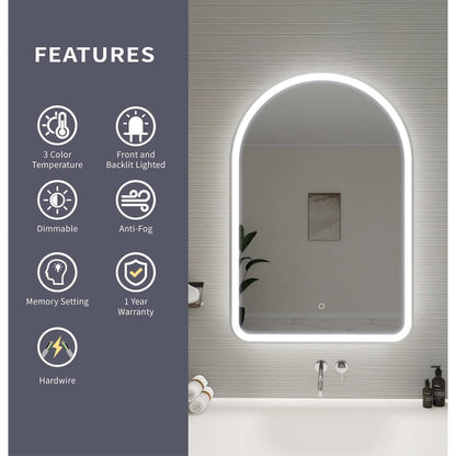 40 Inch Arch LED Front and Backlit Wall Mirror in Silver