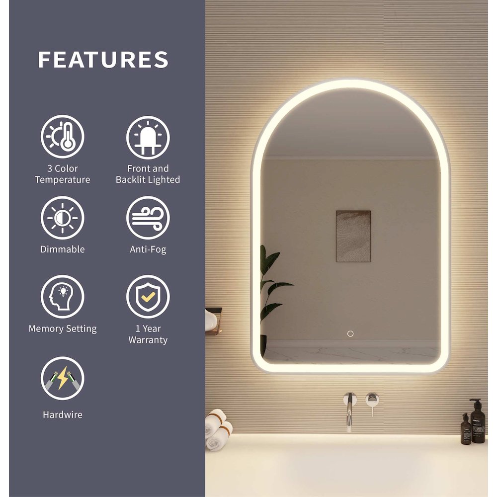 40 Inch Arch LED Front and Backlit Wall Mirror in Silver