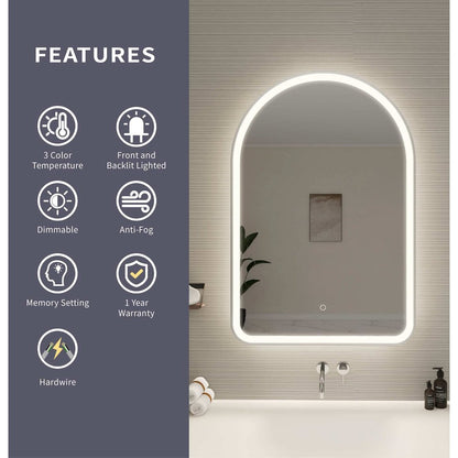 40 Inch Arch LED Front and Backlit Wall Mirror in Silver