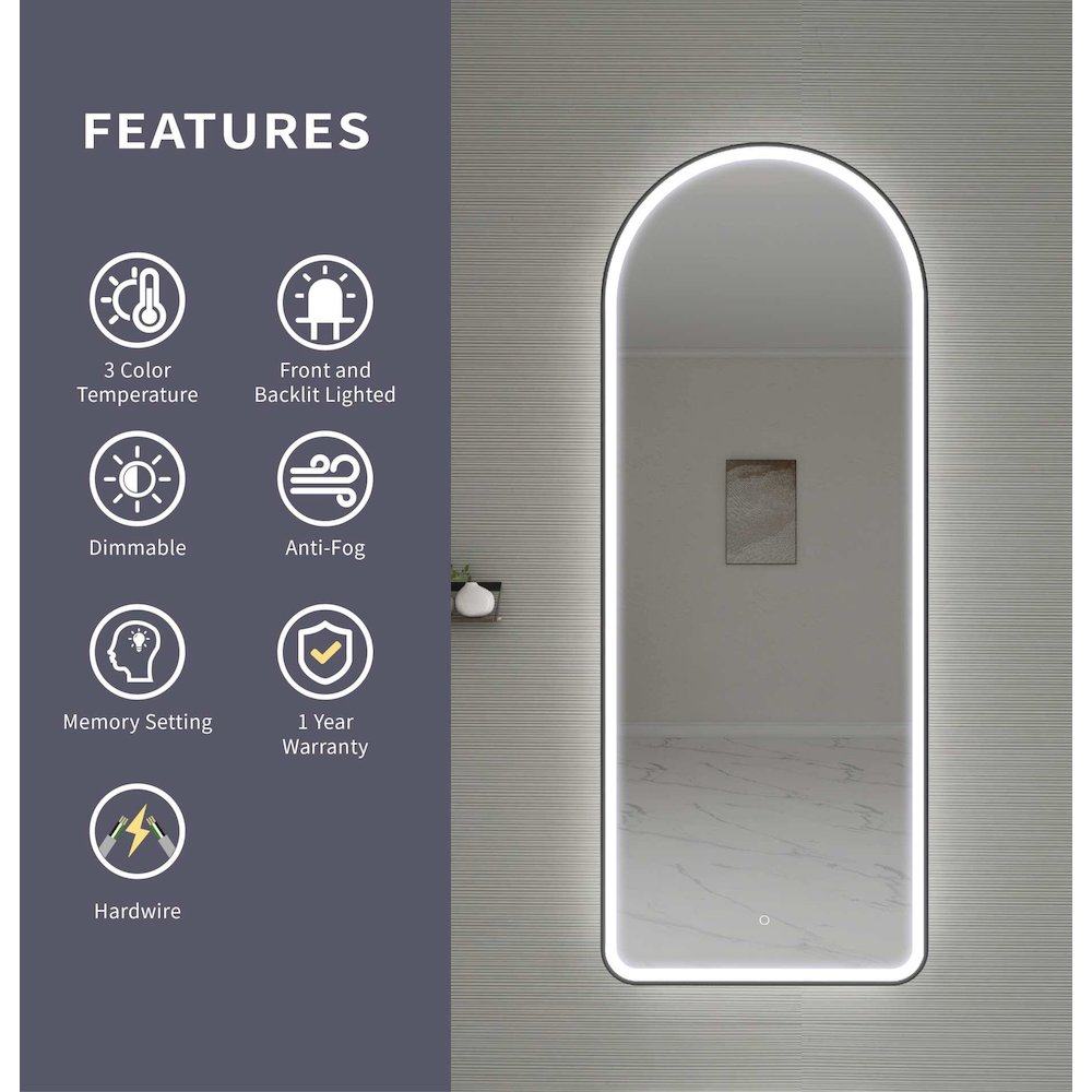 72 Inch Arch LED Front and Backlit Wall Mirror in Black