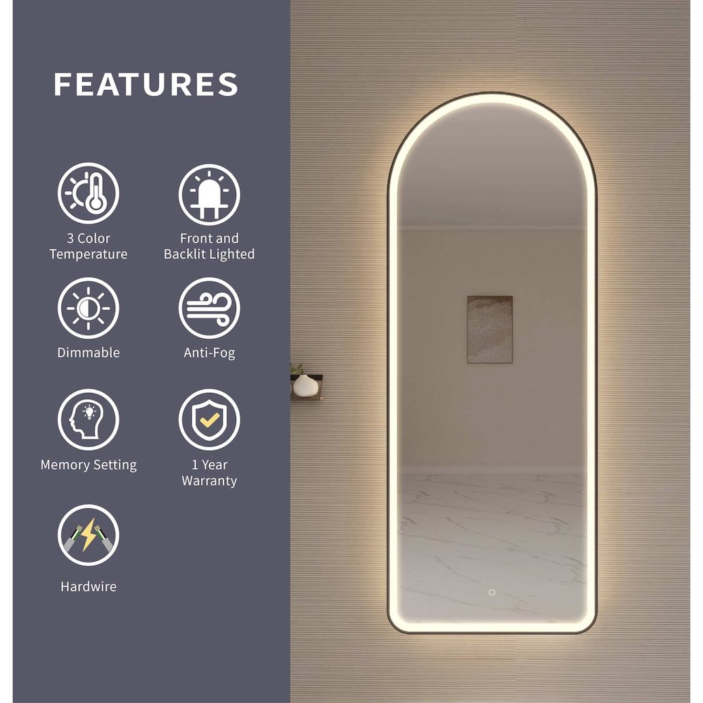 72 Inch Arch LED Front and Backlit Wall Mirror in Black