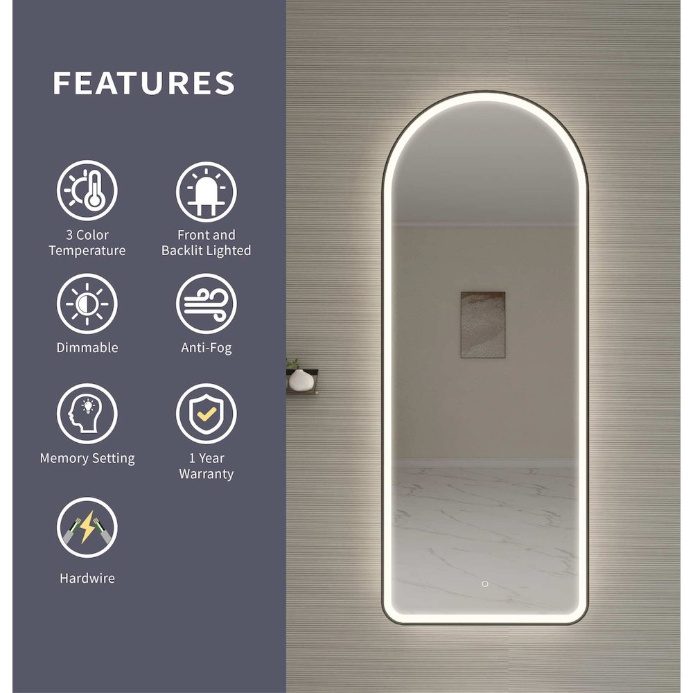 72 Inch Arch LED Front and Backlit Wall Mirror in Black
