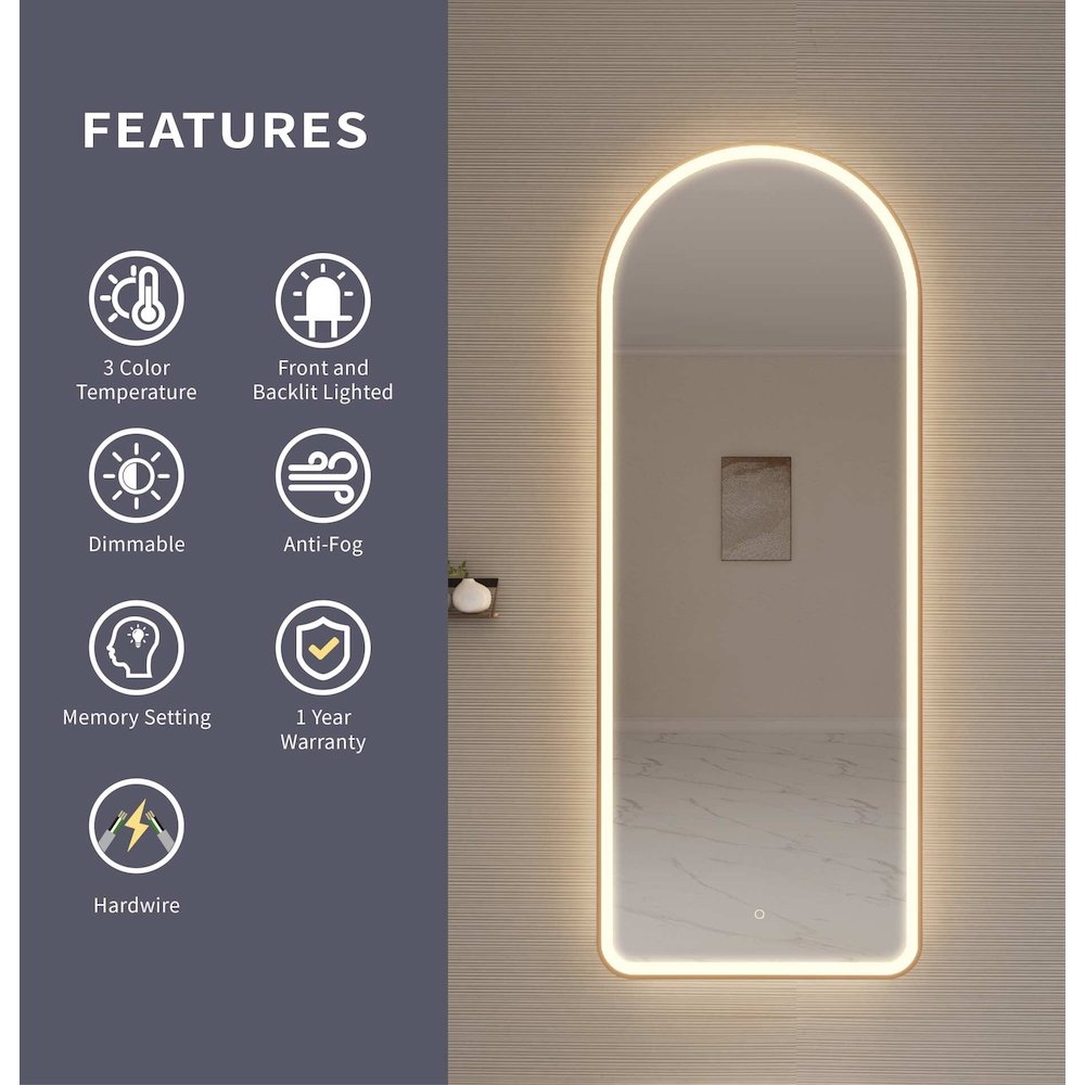 72 Inch Arch LED Front and Backlit Wall Mirror in Satin Gold