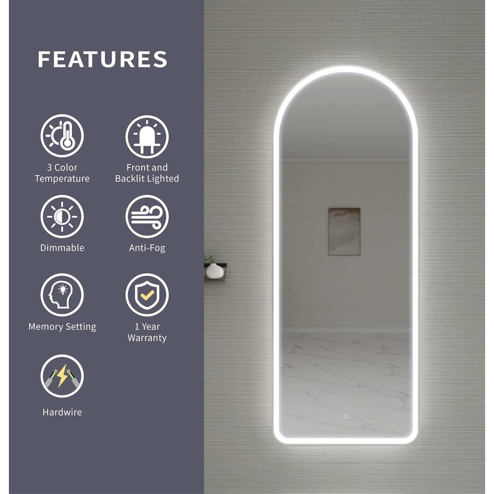72 Inch Arch LED Front and Backlit Wall Mirror in Silver