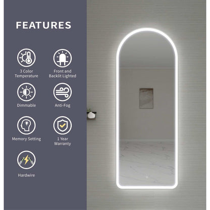 72 Inch Arch LED Front and Backlit Wall Mirror in Silver