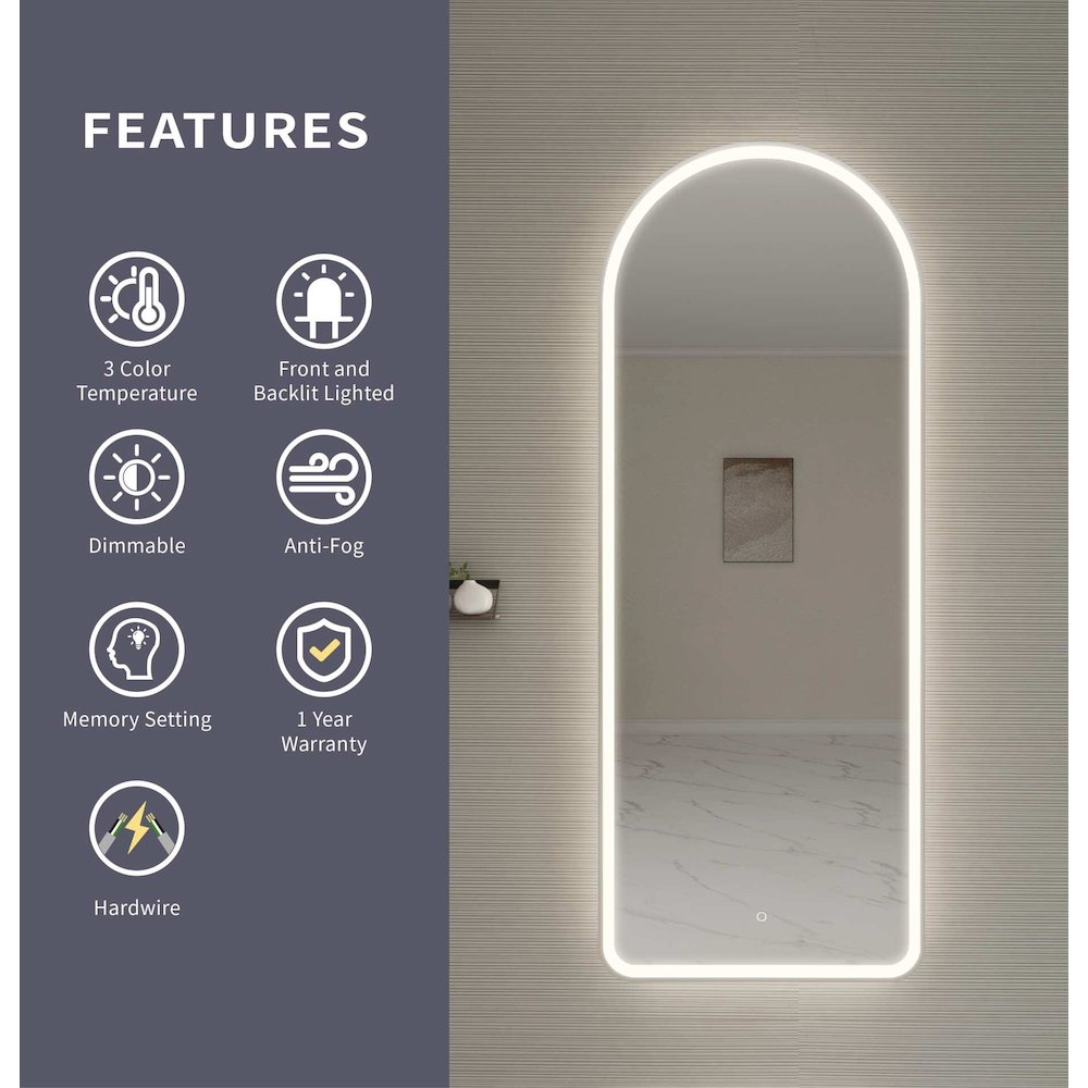 72 Inch Arch LED Front and Backlit Wall Mirror in Silver