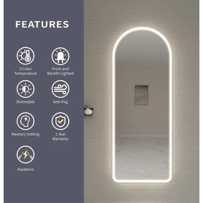 72 Inch Arch LED Front and Backlit Wall Mirror in Silver