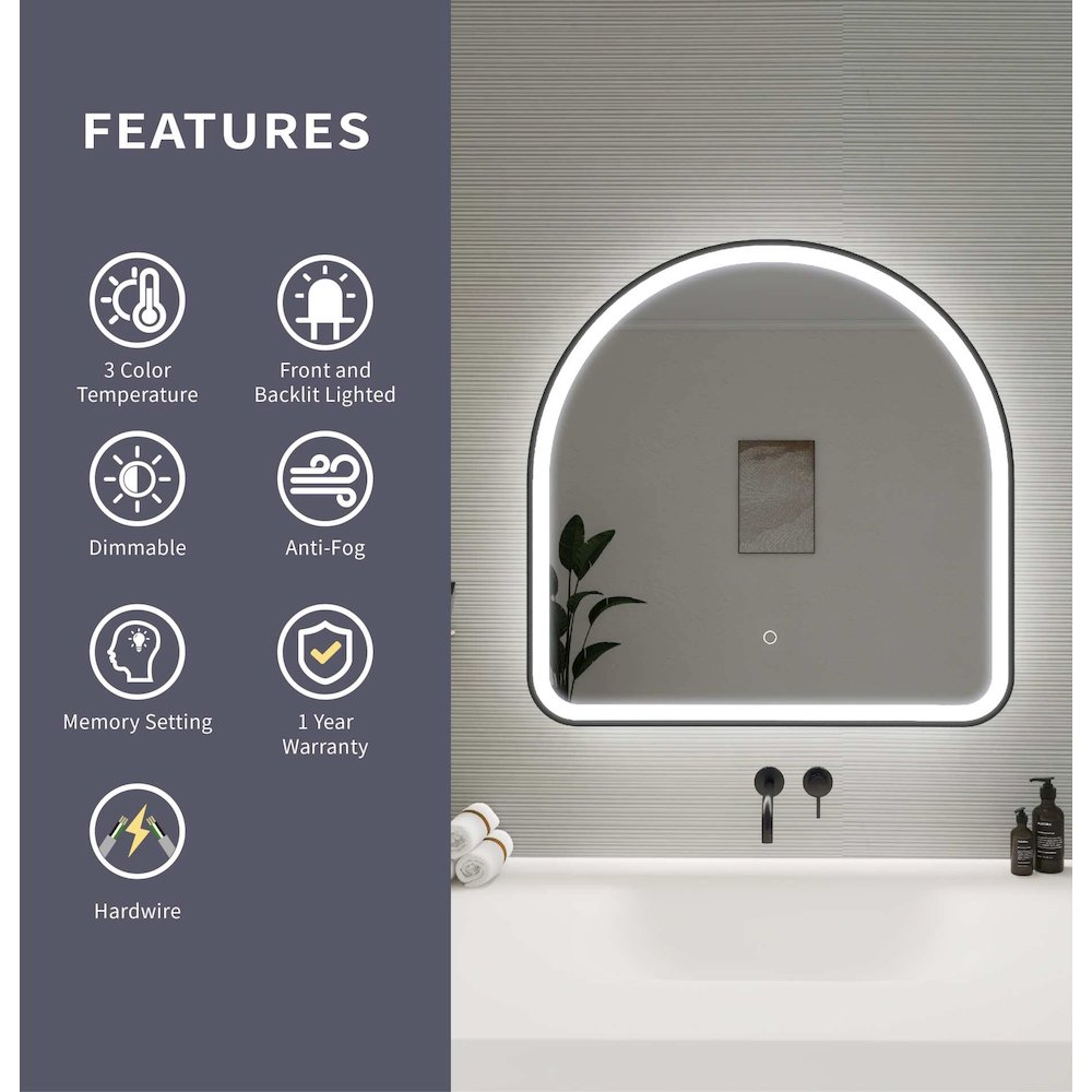 30 Inch Arch LED Front and Backlit Wall Mirror in Black