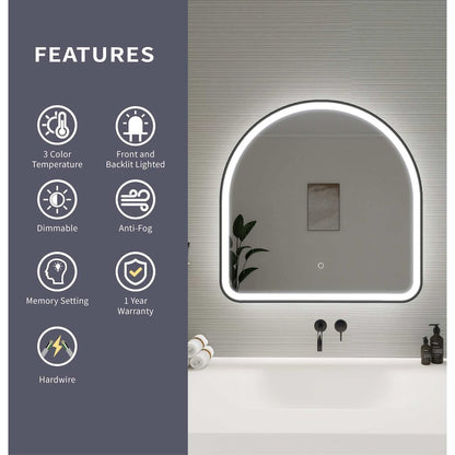 30 Inch Arch LED Front and Backlit Wall Mirror in Black