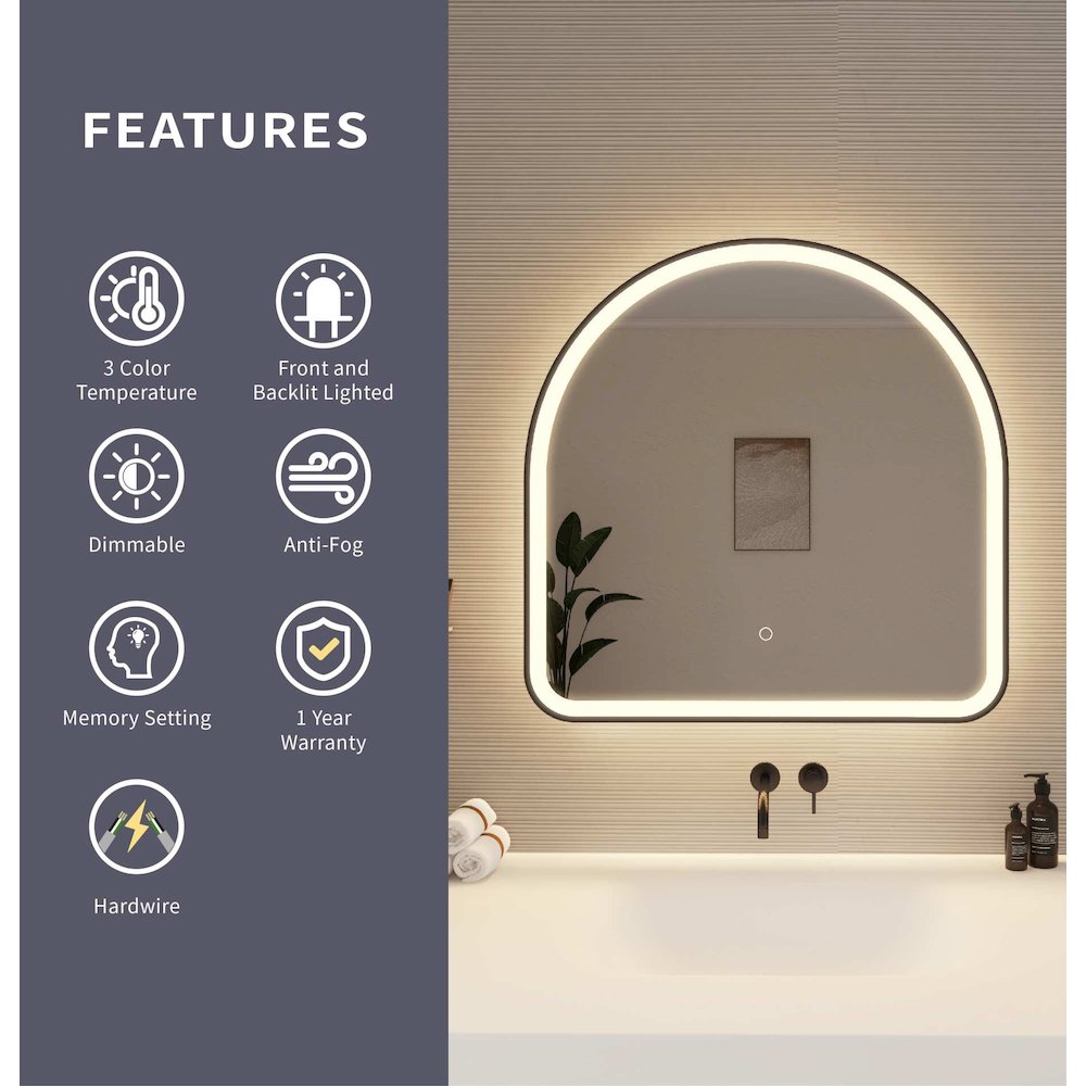 30 Inch Arch LED Front and Backlit Wall Mirror in Black