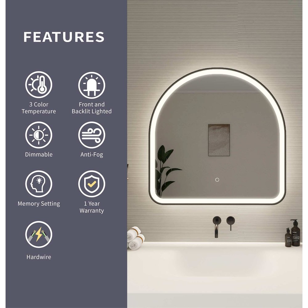 30 Inch Arch LED Front and Backlit Wall Mirror in Black
