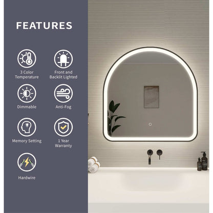 30 Inch Arch LED Front and Backlit Wall Mirror in Black