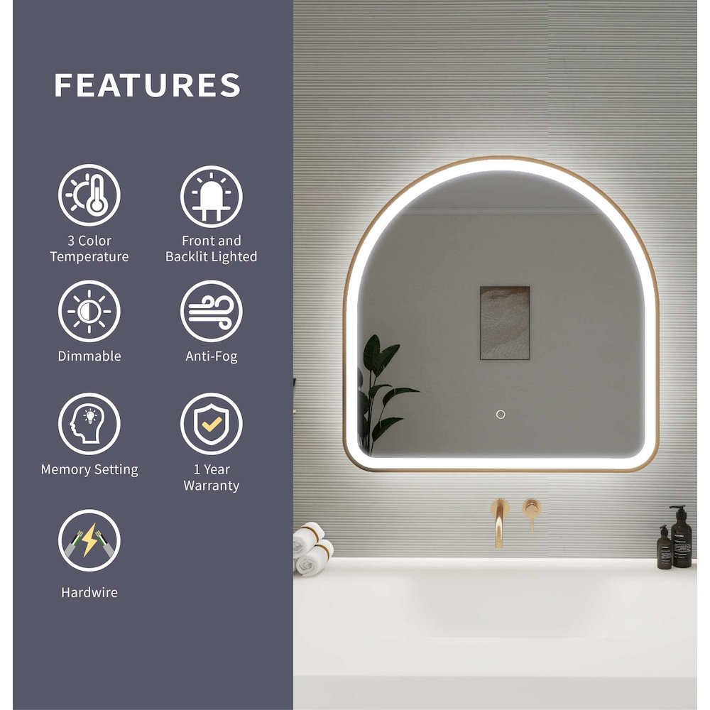 30 Inch Arch LED Front and Backlit Wall Mirror in Satin Gold