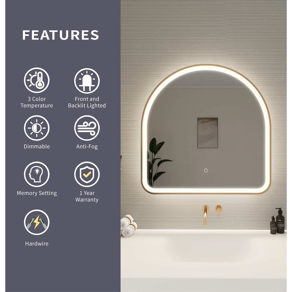 30 Inch Arch LED Front and Backlit Wall Mirror in Satin Gold