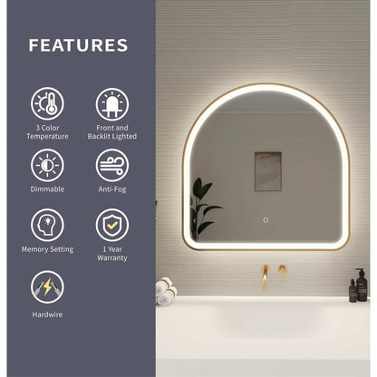30 Inch Arch LED Front and Backlit Wall Mirror in Satin Gold