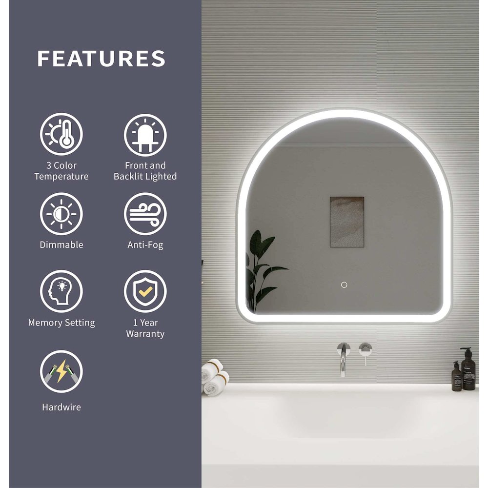 30 Inch Arch LED Front and Backlit Wall Mirror in Silver