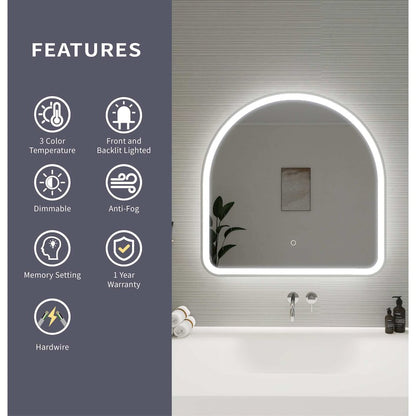 30 Inch Arch LED Front and Backlit Wall Mirror in Silver