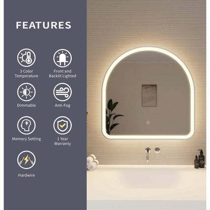 30 Inch Arch LED Front and Backlit Wall Mirror in Silver