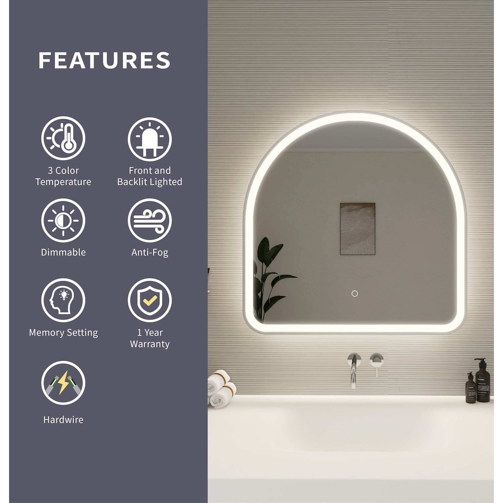 30 Inch Arch LED Front and Backlit Wall Mirror in Silver