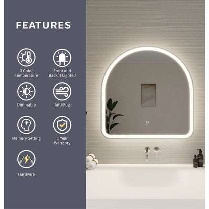 30 Inch Arch LED Front and Backlit Wall Mirror in Silver