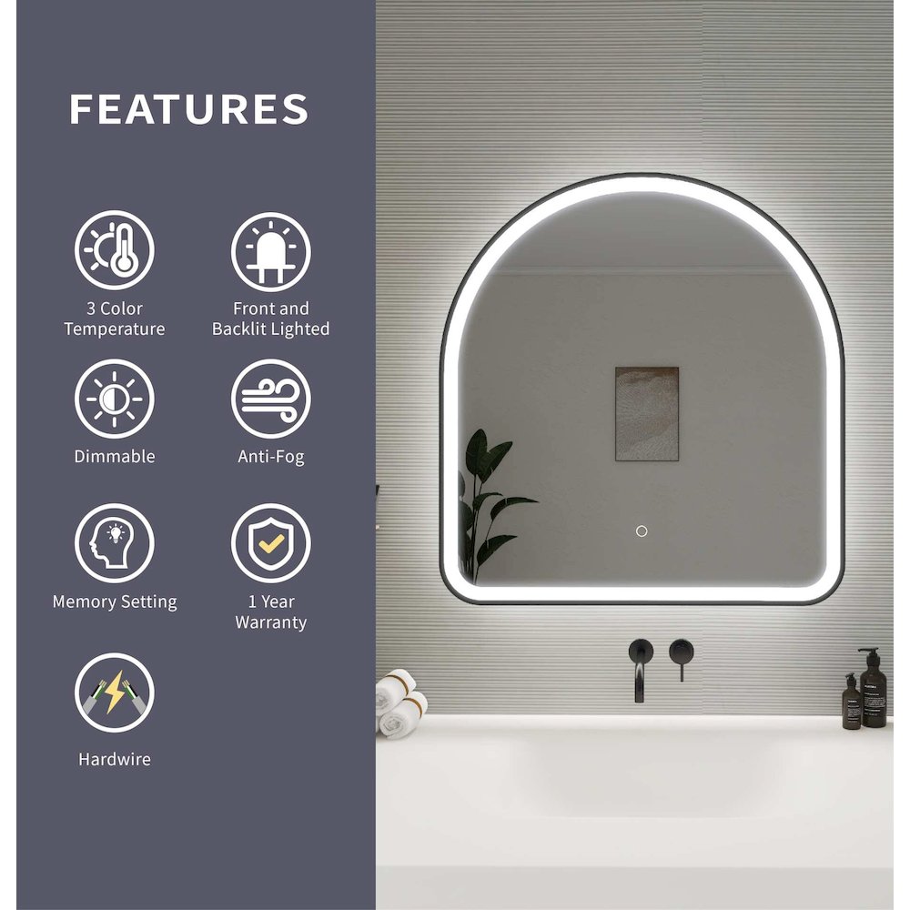 32 Inch Arch LED Front and Backlit Wall Mirror in Black