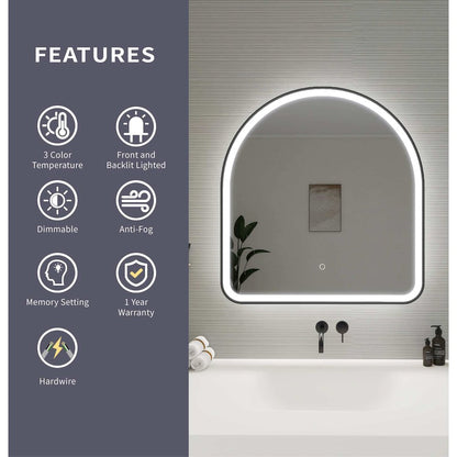 32 Inch Arch LED Front and Backlit Wall Mirror in Black
