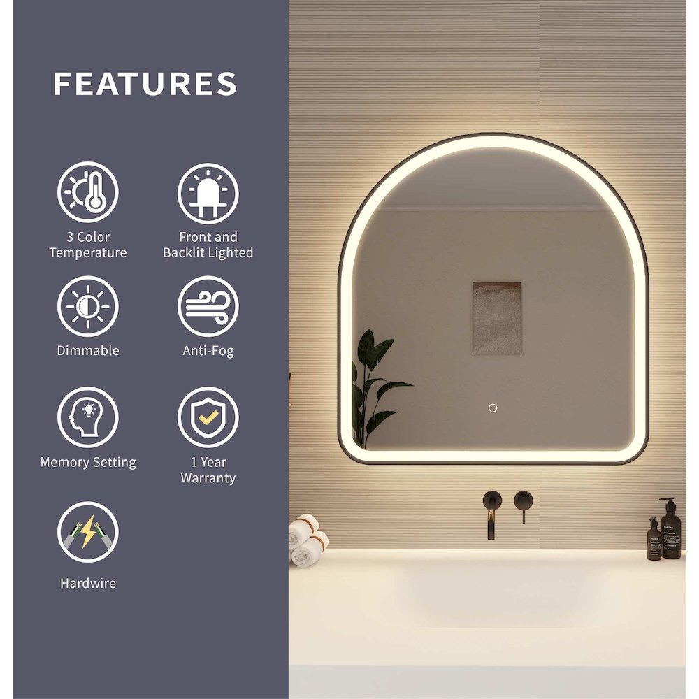 32 Inch Arch LED Front and Backlit Wall Mirror in Black