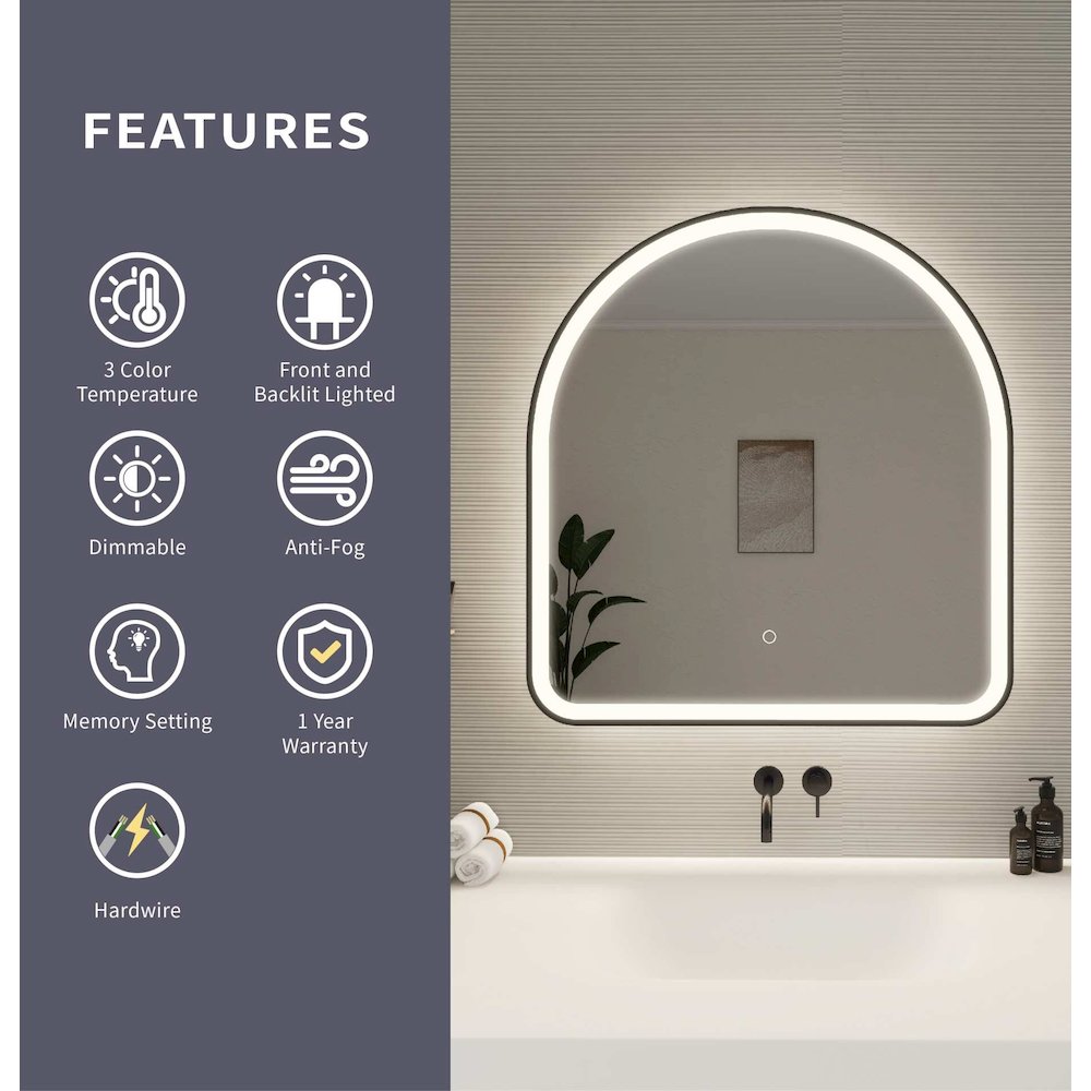 32 Inch Arch LED Front and Backlit Wall Mirror in Black