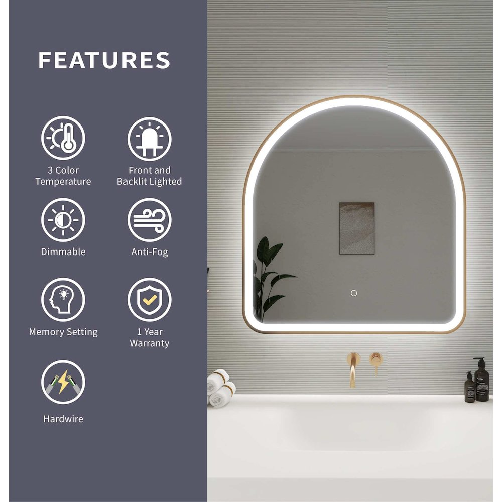 32 Inch Arch LED Front and Backlit Wall Mirror in Satin Gold