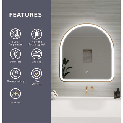 32 Inch Arch LED Front and Backlit Wall Mirror in Satin Gold