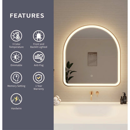 32 Inch Arch LED Front and Backlit Wall Mirror in Satin Gold