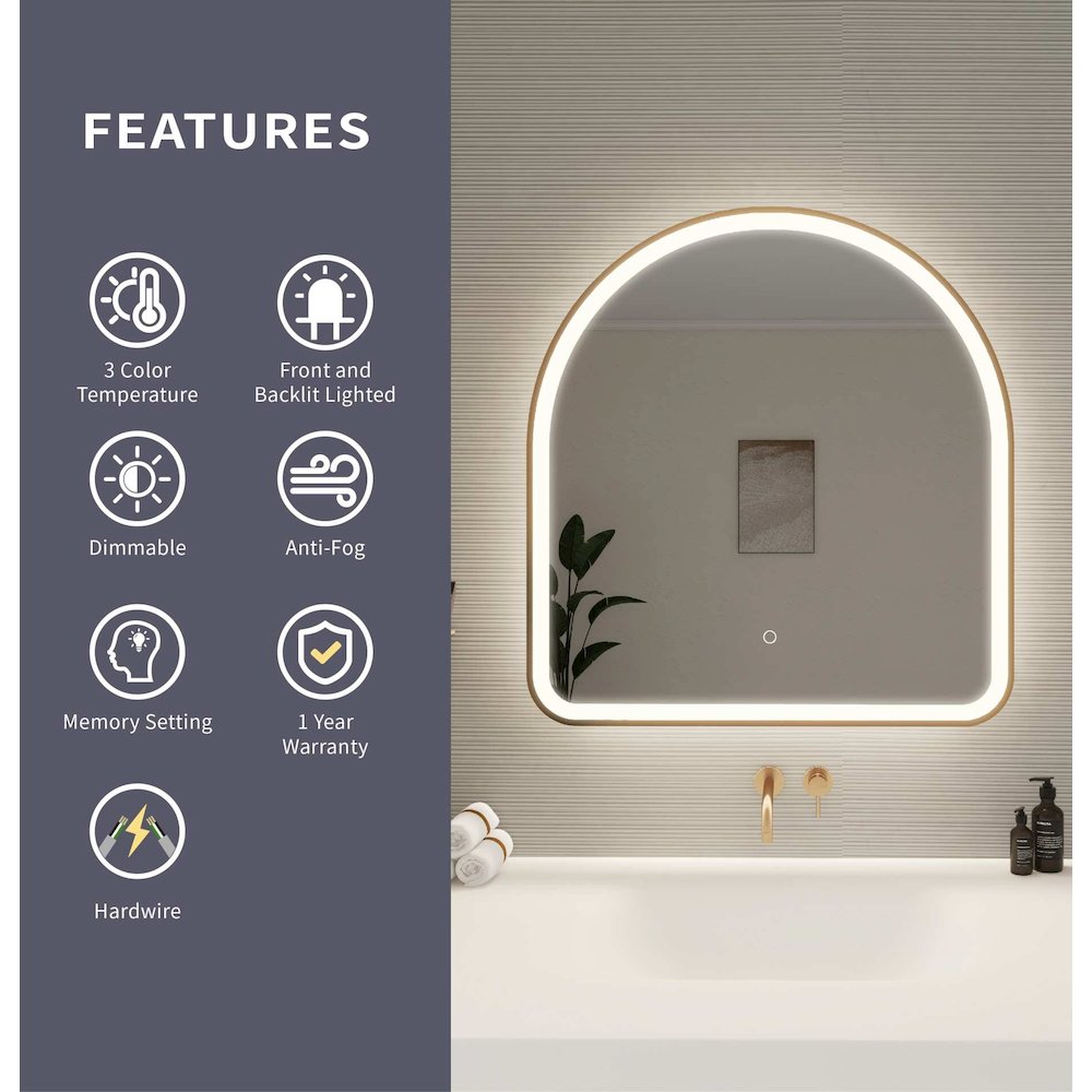 32 Inch Arch LED Front and Backlit Wall Mirror in Satin Gold