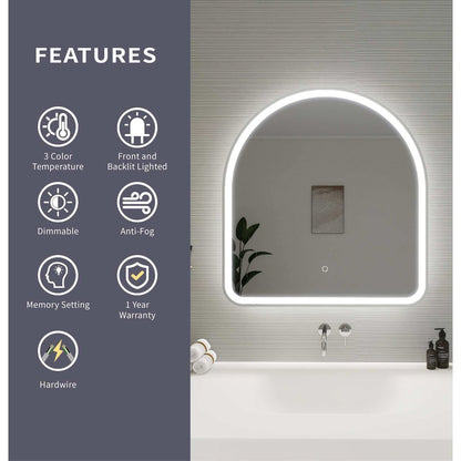 32 Inch Arch LED Front and Backlit Wall Mirror in Silver