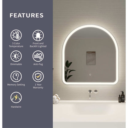32 Inch Arch LED Front and Backlit Wall Mirror in Silver