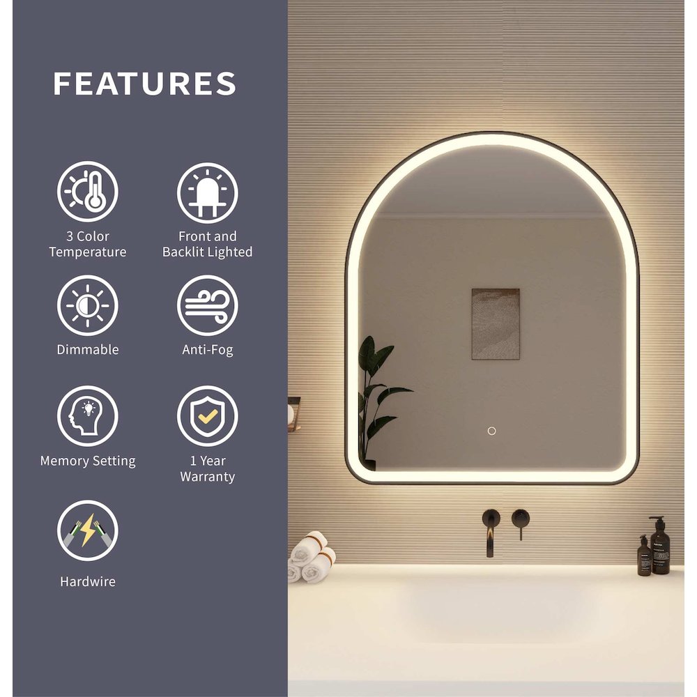 36 Inch Arch LED Front and Backlit Wall Mirror in Black