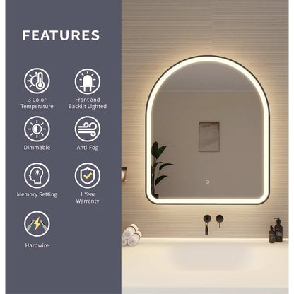 36 Inch Arch LED Front and Backlit Wall Mirror in Black