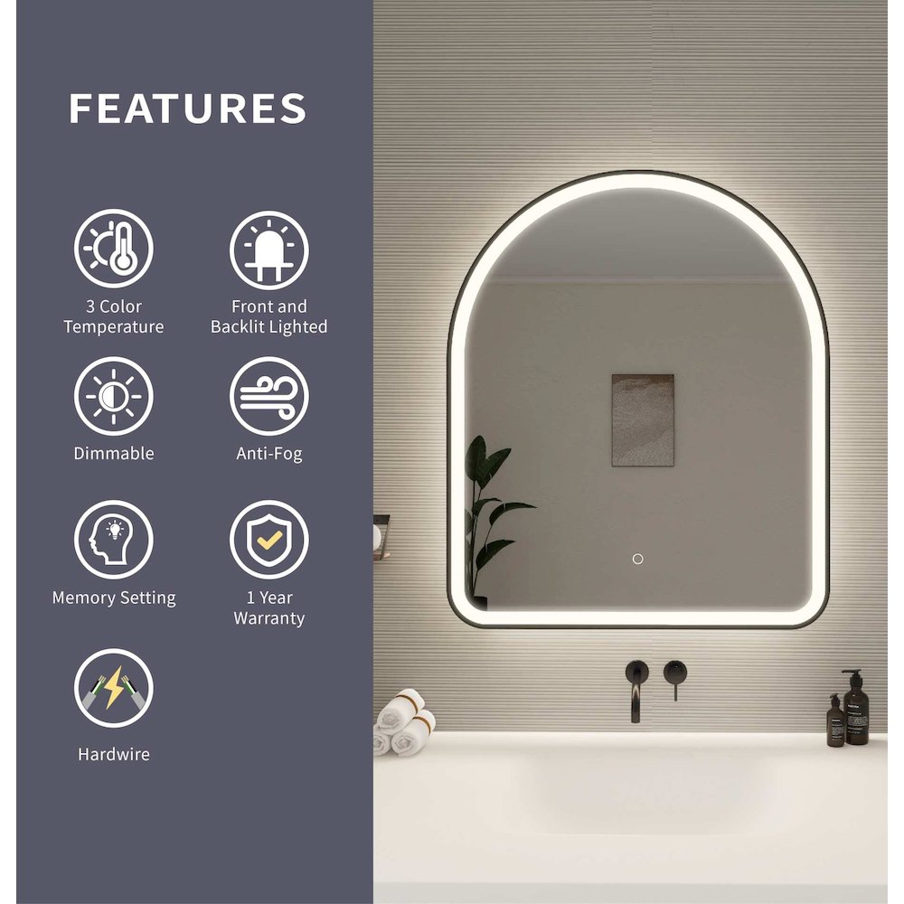36 Inch Arch LED Front and Backlit Wall Mirror in Black