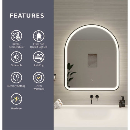 36 Inch Arch LED Front and Backlit Wall Mirror in Black