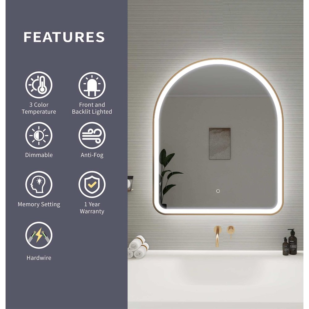 36 Inch Arch LED Front and Backlit Wall Mirror in Satin Gold