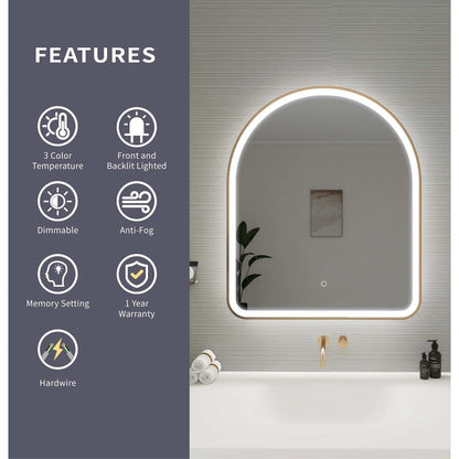 36 Inch Arch LED Front and Backlit Wall Mirror in Satin Gold